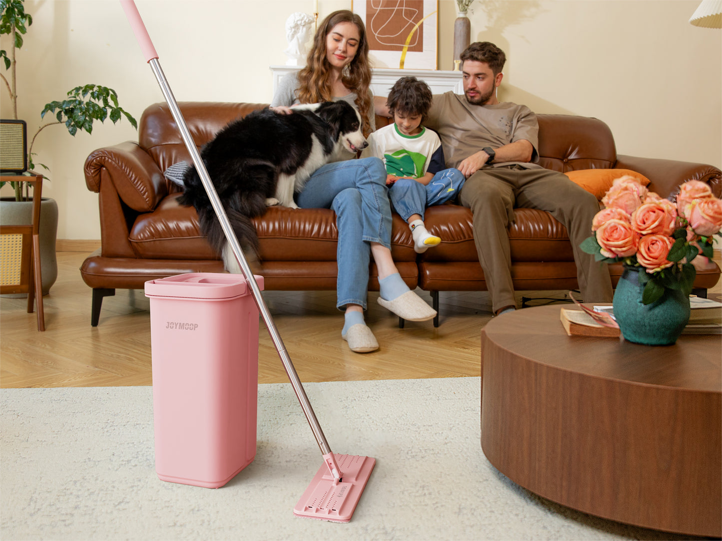 JOYMOOP Pink Mop and Bucket with Wringer Set for Home, with 3 Reusable Microfiber Mop Pads, Hands-Free Self-Cleaning System, Suitable for Floor Cleaning and Wall Cleaner