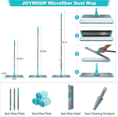 JOYMOOP 18 Inch Dust Mop for Hardwood Floors, Heavy Duty Industrial Wet Dry Mops with Telescopic Handle, Includes 3 Microfiber Mop Pads - Blue-Grey