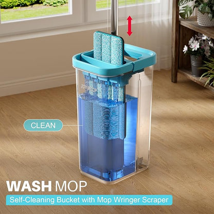 JOYMOOP Mop and Bucket Set with Wringer, with 3 Reusable Microfiber Mop Pads, Mops for Floor Cleaning and Wall Cleaning, Hands-Free Flat Mop for Home Use - Grey+Cyan Blue