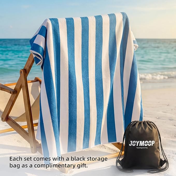 JOYMOOP Large Beach Towel with Storage Bag-3 PCS, 70” x 35.4” Highly Absorbent Cabana Stripe Beach Towel, Quick Dry Beach Towel, Sand Free & Lightweight Towel Set, Blue & White