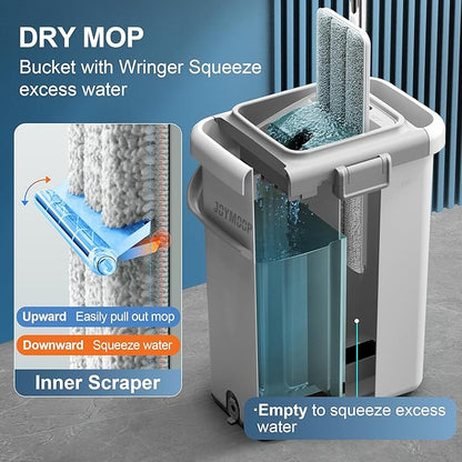 JOYMOOP Mop and Bucket Set for Floor and Wall Cleaning, Commercial and Household Use, Flat Mop System with 60" Dual Mops + 8 Pads