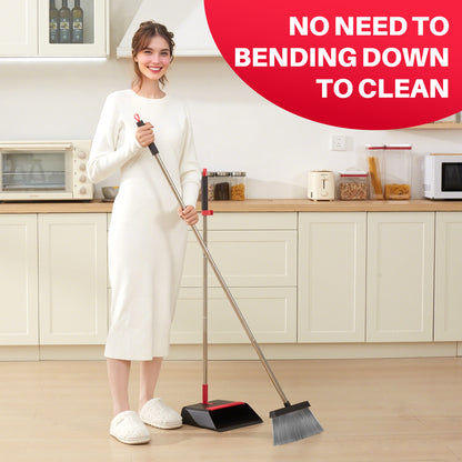 JOYMOOP Black and Red Broom with Dustpan Combo Set, Upright Stand Up Broom with Built-in Comb Teeth, Angle Broom for Home Kitchen Office Lobby, Pet Hair and Hardwood Floor Sweeping