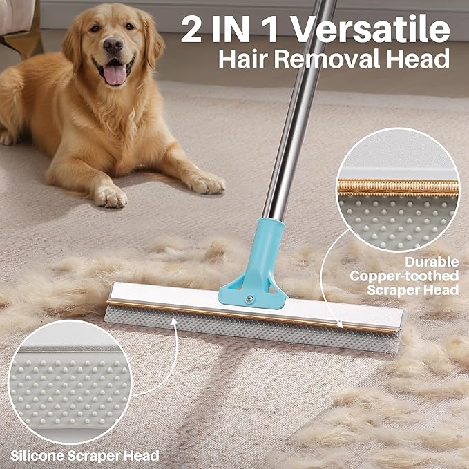 JOYMOOP Carpet Rake for Pet Hair Removal, 63" Adjustable Long Handle Pet Hair Removal Tool, Cat Dog Hair Carpet Rake with Metal and Silicone Scraper for Carpet, Sofa, Cloth