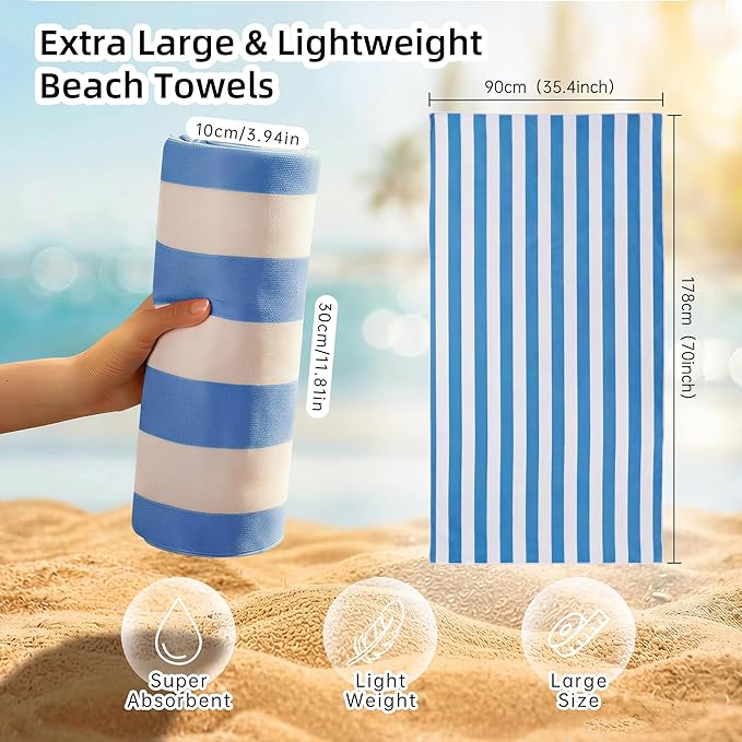 JOYMOOP Large Beach Towel with Storage Bag-3 PCS, 70” x 35.4” Highly Absorbent Cabana Stripe Beach Towel, Quick Dry Beach Towel, Sand Free & Lightweight Towel Set, Blue & White