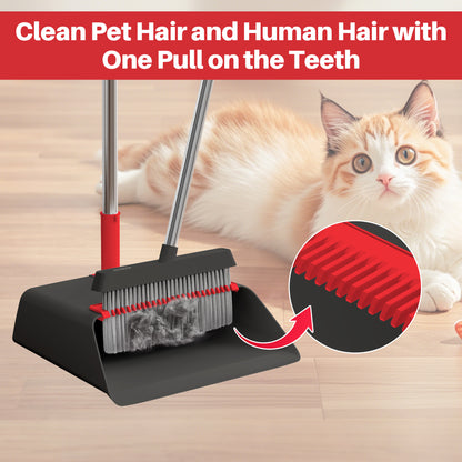 JOYMOOP Black and Red Broom with Dustpan Combo Set, Upright Stand Up Broom with Built-in Comb Teeth, Angle Broom for Home Kitchen Office Lobby, Pet Hair and Hardwood Floor Sweeping
