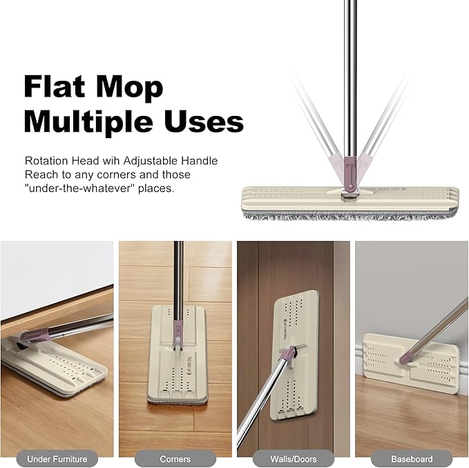 JOYMOOP Flat Mop, Microfiber Mops for Floor Cleaning and Wall Cleaner, 50" Mop with 13" Flat Head with a Microfiber Mop Pad - Beige & Blush Brown