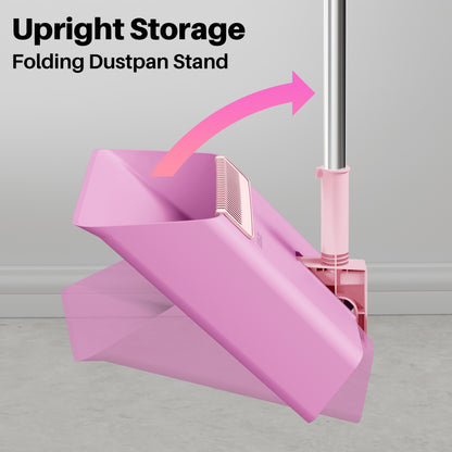 JOYMOOP Pink Broom with Dustpan Combo Set, Upright Stand Up Broom with Built-in Comb Teeth, Angle Broom for Home Kitchen Office Lobby, Pet Hair and Hardwood Floor Sweeping