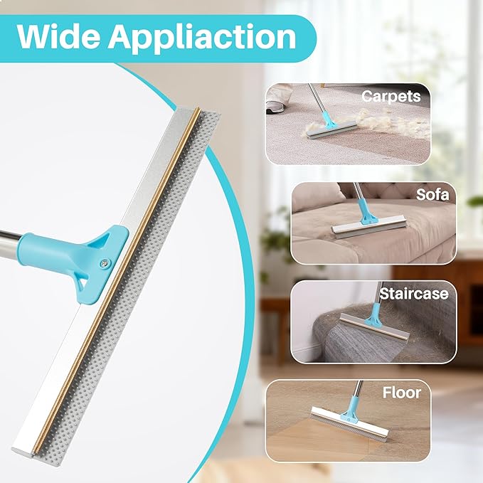 JOYMOOP Carpet Rake for Pet Hair Removal, 63" Adjustable Long Handle Pet Hair Removal Tool, Cat Dog Hair Carpet Rake with Metal and Silicone Scraper for Carpet, Sofa, Cloth