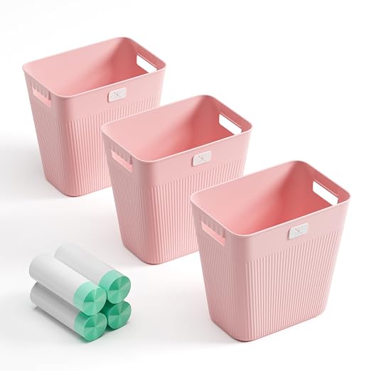 JOYMOOP Slim Trash Can 3-Pack, 2.2 Gallon Plastic Wastebasket for Bathroom, Bedroom, Office, Kitchen with 4 Rolls Bags, Pink