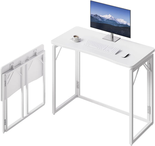 JOYMOOP White Folding Desk - 47.2", No Assembly Large Size Foldable Desk for Home, Office, Wooden Top Folding Computer Desk for Working, Writing, Studying
