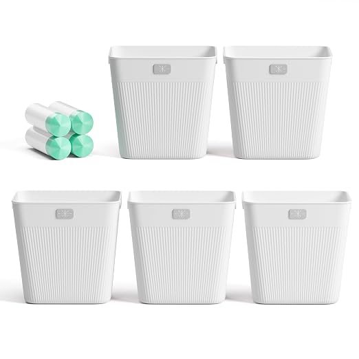 JOYMOOP Slim Trash Can 5-Pack, 2.2 Gallon Plastic Wastebasket for Bathroom, Bedroom, Office, Kitchen with 4 Rolls Bags, White