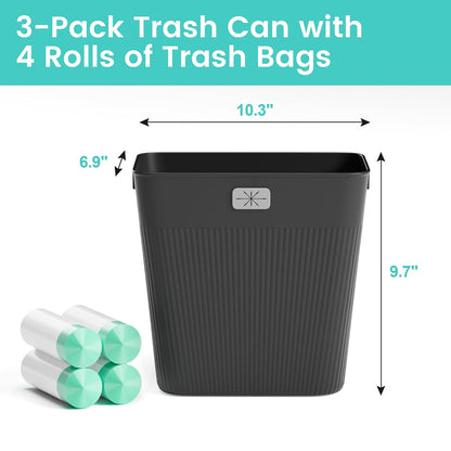 JOYMOOP Slim Trash Can 3-Pack, 2.2 Gallon Plastic Wastebasket for Bathroom, Bedroom, Office, Kitchen with 4 Rolls Bags, Black