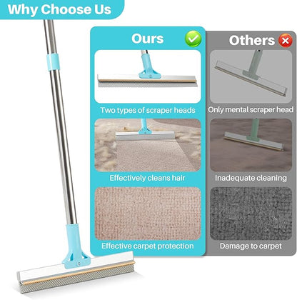 JOYMOOP Carpet Rake for Pet Hair Removal, 63" Adjustable Long Handle Pet Hair Removal Tool, Cat Dog Hair Carpet Rake with Metal and Silicone Scraper for Carpet, Sofa, Cloth