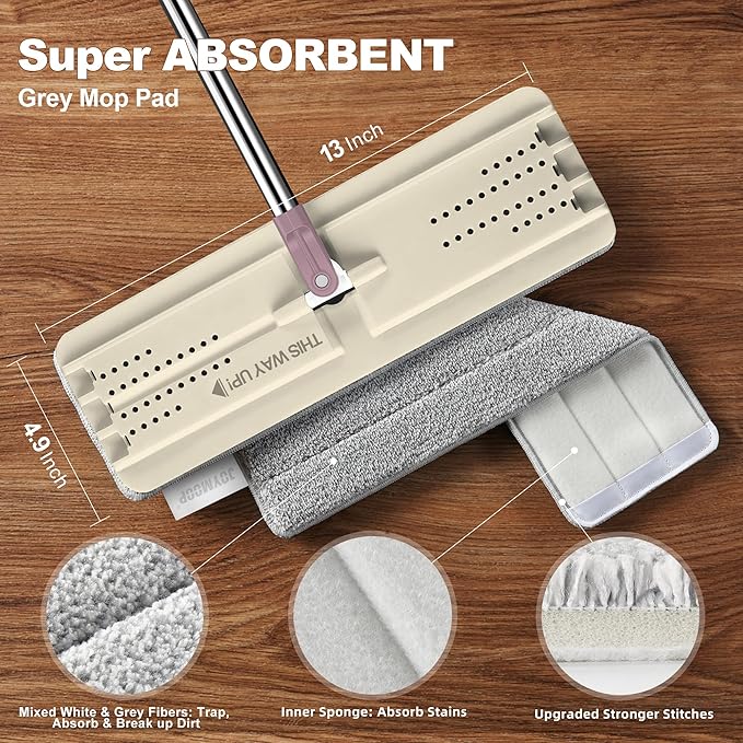 JOYMOOP Flat Mop, Microfiber Mops for Floor Cleaning and Wall Cleaner, 50" Mop with 13" Flat Head with a Microfiber Mop Pad - Beige & Blush Brown