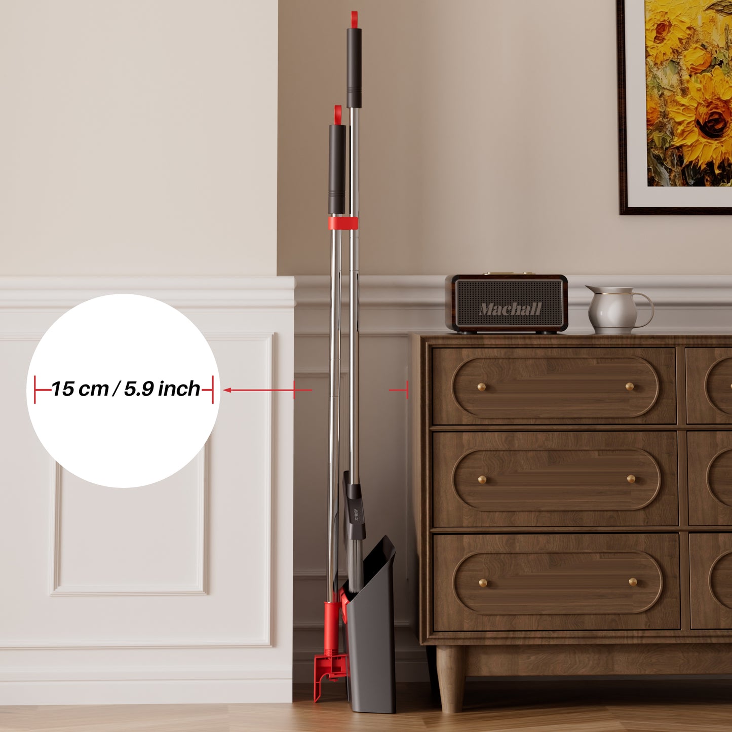 JOYMOOP Black and Red Broom with Dustpan Combo Set, Upright Stand Up Broom with Built-in Comb Teeth, Angle Broom for Home Kitchen Office Lobby, Pet Hair and Hardwood Floor Sweeping