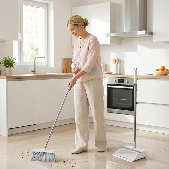 JOYMOOP White Broom and Dustpan Set with Built-in Comb Tooth, Upright Stand Up Design, Foldable Collapsible Dustpan with Angled Broom, Space Saving Cleaning Supplies for Home Kitchen Hardwood Floor