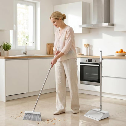 JOYMOOP White Broom and Dustpan Set with Built-in Comb Tooth, Upright Stand Up Design, Foldable Collapsible Dustpan with Angled Broom, Space Saving Cleaning Supplies for Home Kitchen Hardwood Floor