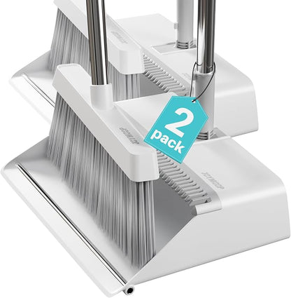 JOYMOOP 2 PACK Broom and Dustpan Set White, Upright Stand Up Design, Foldable Collapsible Dustpan with Angled Broom, Built-in Comb Tooth, Space Saving Cleaning Supplies for Home Kitchen Hardwood Floor