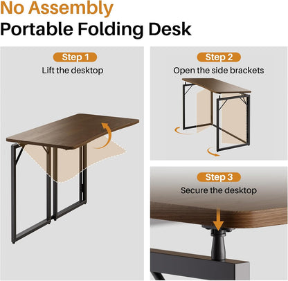 JOYMOOP 47.2" Folding Desk - Brown, No Assembly Large Size Foldable Desk for Home, Office, Wooden Top Folding Computer Desk for Working, Writing, Studying