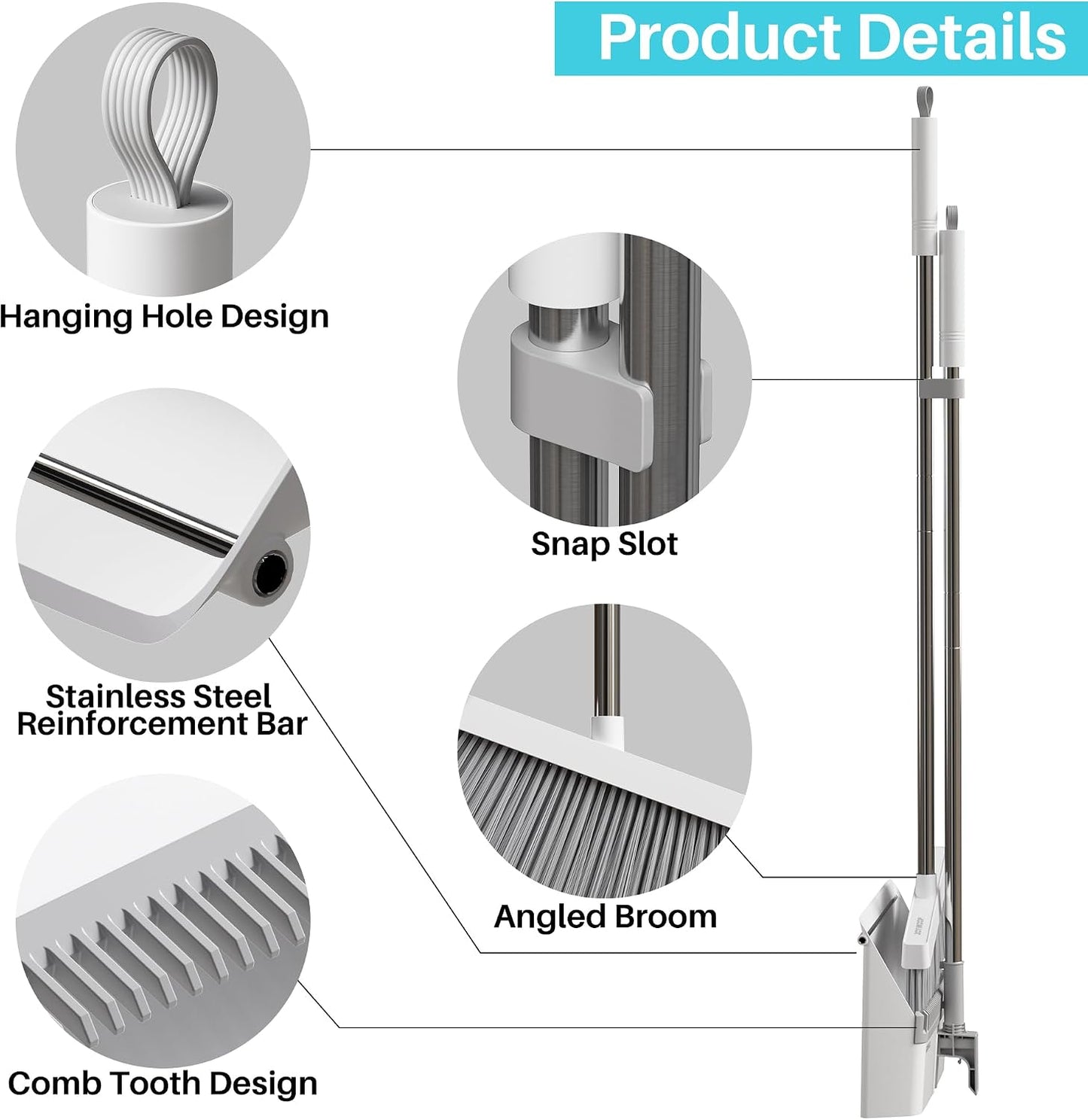JOYMOOP White Broom and Dustpan Set with Built-in Comb Tooth, Upright Stand Up Design, Foldable Collapsible Dustpan with Angled Broom, Space Saving Cleaning Supplies for Home Kitchen Hardwood Floor