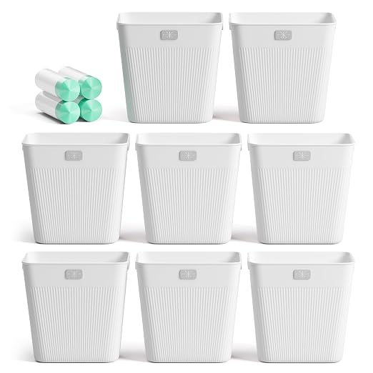 JOYMOOP Slim Trash Can 8-Pack, 2.2 Gallon Plastic Wastebasket for Bathroom, Bedroom, Office, Kitchen with 4 Rolls Bags, White