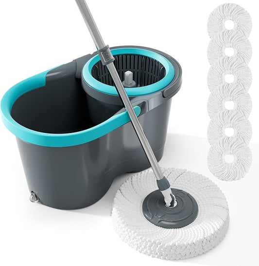 JOYMOOP Spin Mop and Bucket, 360° Mop Head & Telescopic Handle, Wet and Dry Use, 6 Reusable Microfiber Refills, Hands-Free Cleaning for Hardwood, Tile, Laminate Floors & Walls（副本）