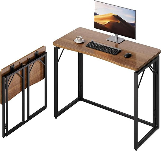 JOYMOOP 31.5" Folding Desk - Brown, No Assembly Small Foldable Desk for Home, Office, Wooden Top Folding Computer Desk for Working, Writing, Studying