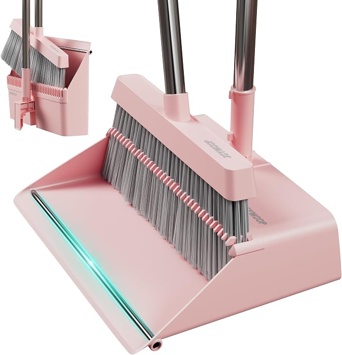 JOYMOOP Pink Broom and Dustpan Set with Built-in Comb Tooth, Upright Stand Up Design, Foldable Collapsible Dustpan with Angled Broom, Space Saving Cleaning Supplies for Home Kitchen Hardwood Floor