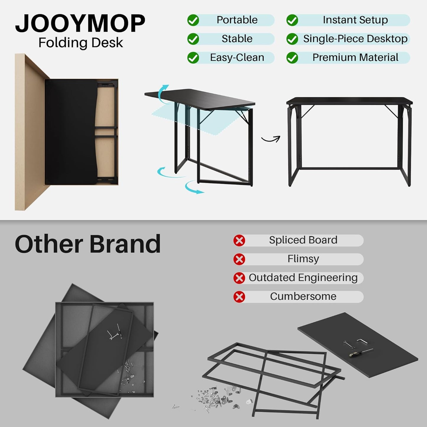 JOYMOOP Black 40" Folding Desk, No Assembly Small Foldable Desk for Home, Office, Wooden Top Folding Computer Desk for Working, Writing, Studying - Middle Size