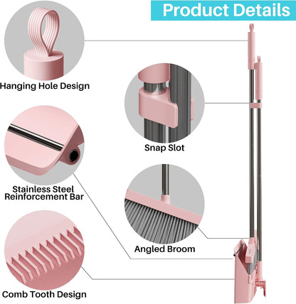 JOYMOOP Pink Broom and Dustpan Set with Built-in Comb Tooth, Upright Stand Up Design, Foldable Collapsible Dustpan with Angled Broom, Space Saving Cleaning Supplies for Home Kitchen Hardwood Floor