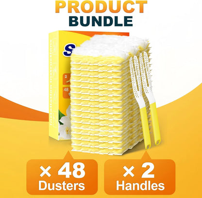 JOYMOOP Disposable Electrostatic Duster for Cleaning, with 2 Handles & 48 Ct Yellow Heavy Duty Refills for Swiffer Feather Duster, Household Cleaning Tool for Electronics, Dusting Furniture, Blinds