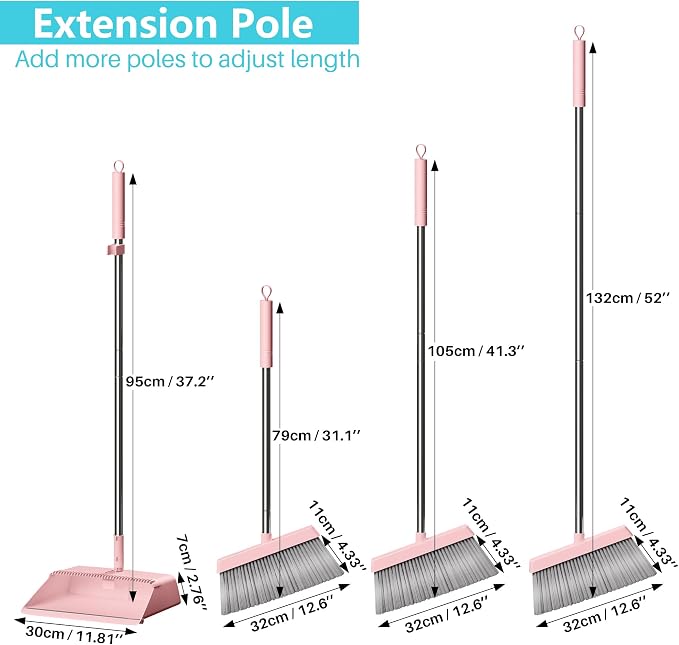 JOYMOOP Pink Broom and Dustpan Set with Built-in Comb Tooth, Upright Stand Up Design, Foldable Collapsible Dustpan with Angled Broom, Space Saving Cleaning Supplies for Home Kitchen Hardwood Floor
