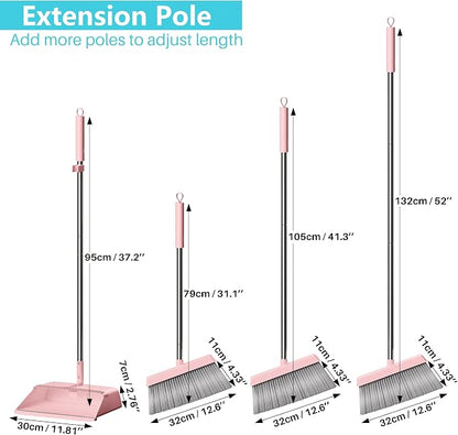 JOYMOOP Pink Broom and Dustpan Set with Built-in Comb Tooth, Upright Stand Up Design, Foldable Collapsible Dustpan with Angled Broom, Space Saving Cleaning Supplies for Home Kitchen Hardwood Floor
