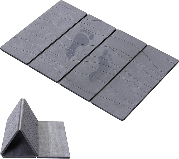 JOYMOOP Foldable Stone Bath Mat, 23.62” x 15.35” Non Slip Bath Mats, Super Absorbent Diatomaceous Earth Mats, Compact and Easy to Store Bath Mats for Bathroom, Dark Grey