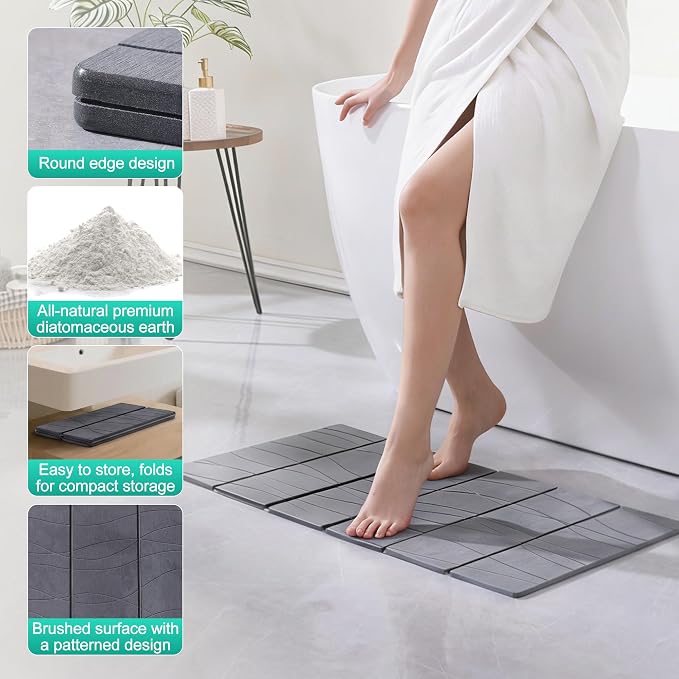 JOYMOOP Foldable Stone Bath Mat, 23.62” x 15.35” Non Slip Bath Mats, Super Absorbent Diatomaceous Earth Mats, Compact and Easy to Store Bath Mats for Bathroom, Dark Grey