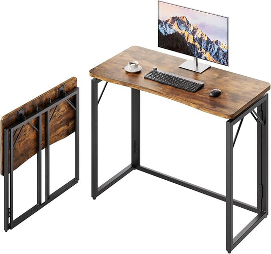 JOYMOOP Folding Desk Rustic Brown - 31.5", No Assembly Small Foldable Desk for Home, Office, Wooden Top Folding Computer Desk for Working, Writing, Studying