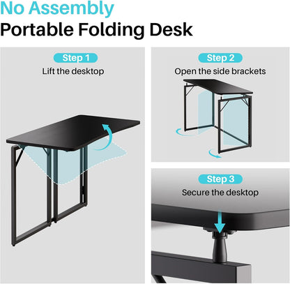 JOYMOOP Black 40" Folding Desk, No Assembly Small Foldable Desk for Home, Office, Wooden Top Folding Computer Desk for Working, Writing, Studying - Middle Size