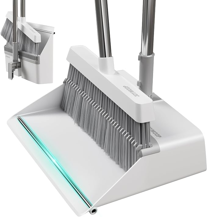 JOYMOOP White Broom and Dustpan Set with Built-in Comb Tooth, Upright Stand Up Design, Foldable Collapsible Dustpan with Angled Broom, Space Saving Cleaning Supplies for Home Kitchen Hardwood Floor