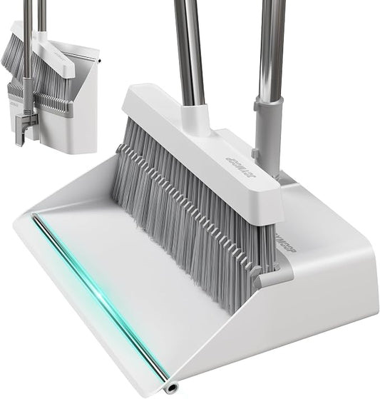 JOYMOOP White Broom and Dustpan Set with Built-in Comb Tooth, Upright Stand Up Design, Foldable Collapsible Dustpan with Angled Broom, Space Saving Cleaning Supplies for Home Kitchen Hardwood Floor