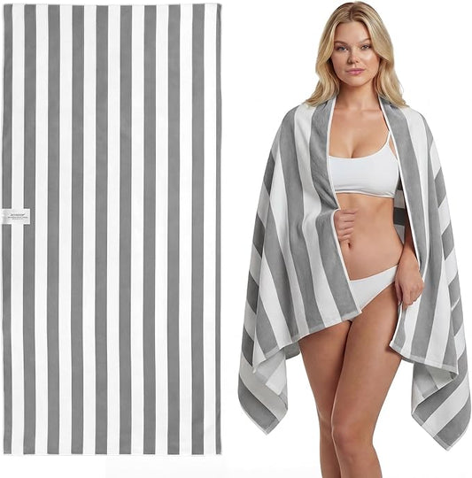 JOYMOOP 3-Pack Microfiber Beach Towel Set – 70" x 35.4" Ultra-Absorbent Beach Towels Oversized, Sand-Free & Portable, Quick-Dry Cabana Stripe Towels with Travel Storage Bags (Grey & White)