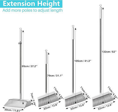JOYMOOP White Broom and Dustpan Set with Built-in Comb Tooth, Upright Stand Up Design, Foldable Collapsible Dustpan with Angled Broom, Space Saving Cleaning Supplies for Home Kitchen Hardwood Floor