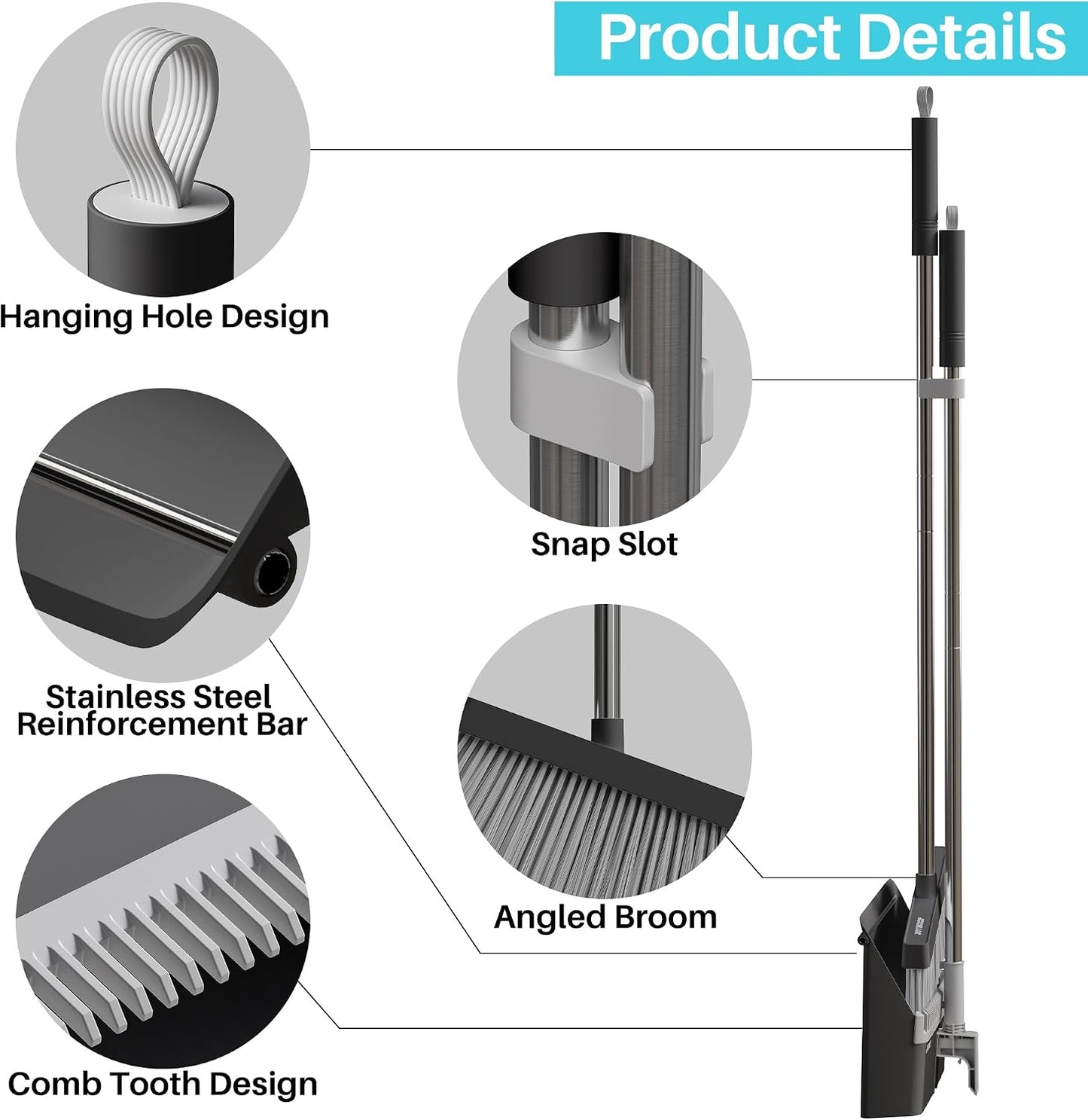 JOYMOOP Black Broom and Dustpan Set with Built-in Comb Tooth, Upright Stand Up Design, Foldable Collapsible Dustpan with Angled Broom, Space Saving Cleaning Supplies for Home Kitchen Hardwood Floor