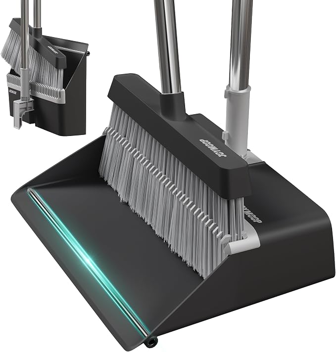 JOYMOOP Black Broom and Dustpan Set with Built-in Comb Tooth, Upright Stand Up Design, Foldable Collapsible Dustpan with Angled Broom, Space Saving Cleaning Supplies for Home Kitchen Hardwood Floor
