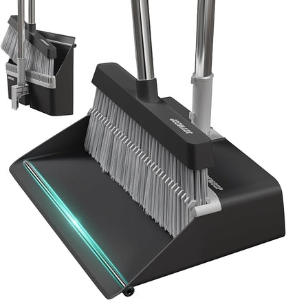 JOYMOOP Black Broom and Dustpan Set with Built-in Comb Tooth, Upright Stand Up Design, Foldable Collapsible Dustpan with Angled Broom, Space Saving Cleaning Supplies for Home Kitchen Hardwood Floor