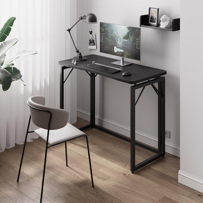 JOYMOOP Black 40" Folding Desk, No Assembly Small Foldable Desk for Home, Office, Wooden Top Folding Computer Desk for Working, Writing, Studying - Middle Size
