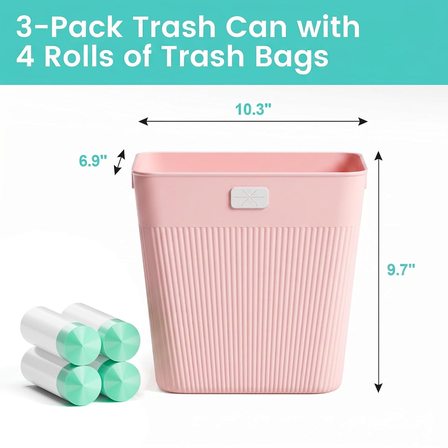 JOYMOOP Slim Trash Can 3-Pack, 2.2 Gallon Plastic Wastebasket for Bathroom, Bedroom, Office, Kitchen with 4 Rolls Bags, Pink