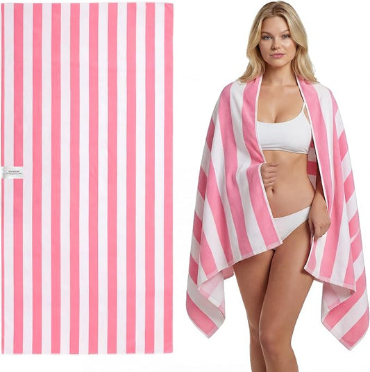 JOYMOOP 3-Pack Microfiber Beach Towel Set – 70" x 35.4" Ultra-Absorbent Beach Towels Oversized, Sand-Free & Portable, Quick-Dry Cabana Stripe Towels with Travel Storage Bags (Pink & White)