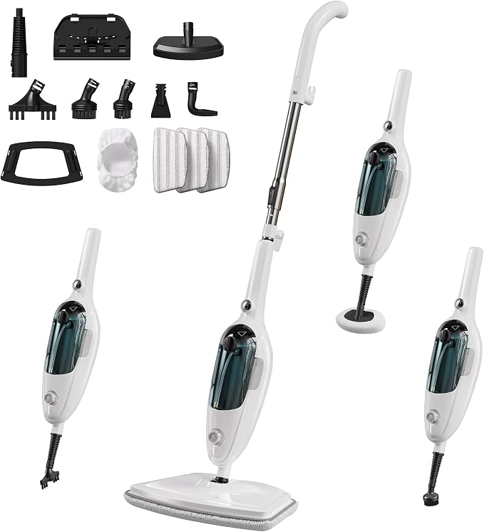 JOYMOOP Steam Mop & Handheld Steam Cleaner with 3 Microfiber Pads, 1100W Electric Steam Cleaner for Home, Fast Heat 20s, Adjustable Steam, Detachable Water Tank, 11 Accessories for Floors, Windows, Clothes