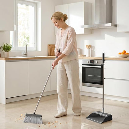 JOYMOOP Black Broom and Dustpan Set with Built-in Comb Tooth, Upright Stand Up Design, Foldable Collapsible Dustpan with Angled Broom, Space Saving Cleaning Supplies for Home Kitchen Hardwood Floor