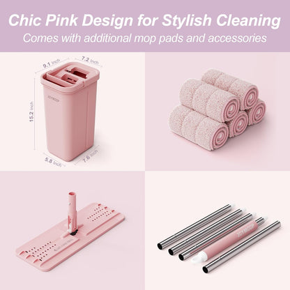 JOYMOOP Pink Mop and Bucket with Wringer Set for Home, with 5 Reusable Microfiber Mop Pads, Hands-Free Self-Cleaning System, Suitable for Floor Cleaning and Wall Cleaner